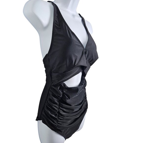 Womens Large Black Crisscross Ruched One-Piece Swimsuit Adjustable Straps Cutout - Picture 6 of 11